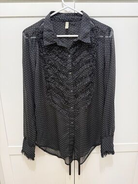 Free People Black Sheer Polka Dot Ruffled Blouse